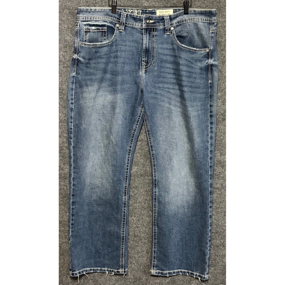 TK Axel Mens Slim Boot Jeans W‎ 38 L 30 Blue Denim Frayed Hem Distressed